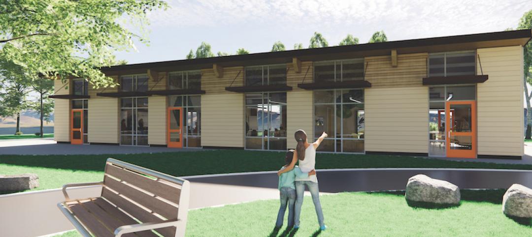 Exterior rendering of mass-timber TimberQuest school building