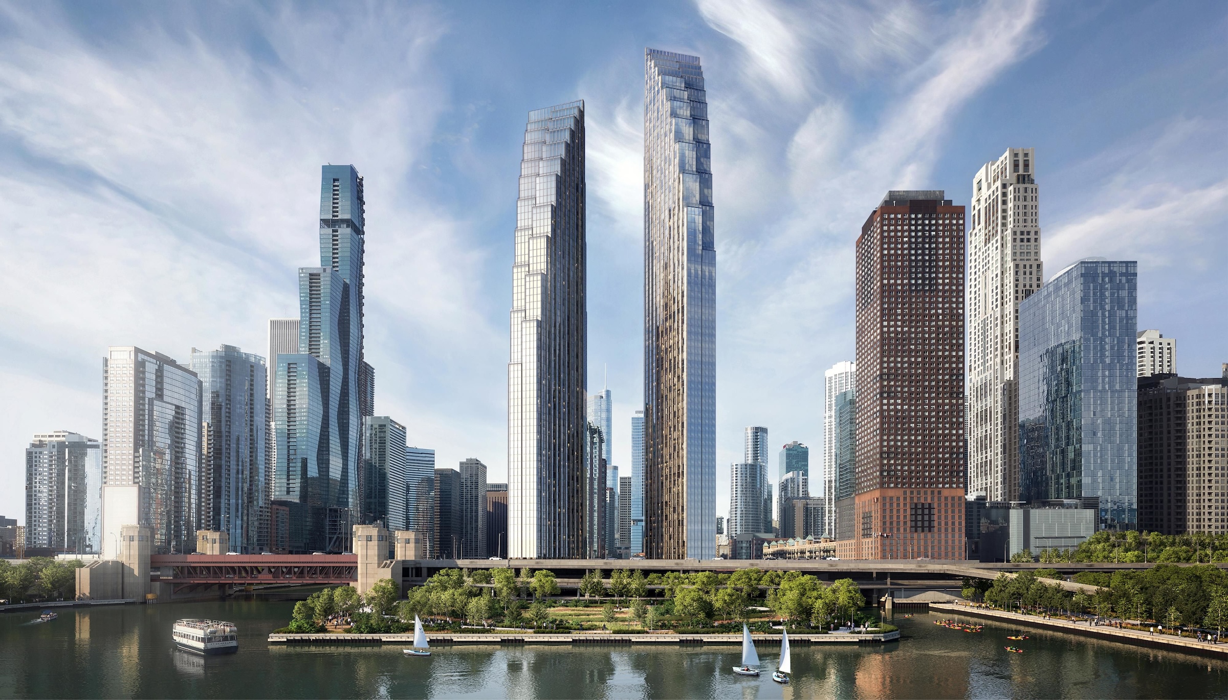 Chicago’s long-vacant Spire site will be home to the two-tower 400 Lake Shore residential development, by Related Midwest and SOM - Rendering courtesy Related Midwest, Skidmore Owings Merrill