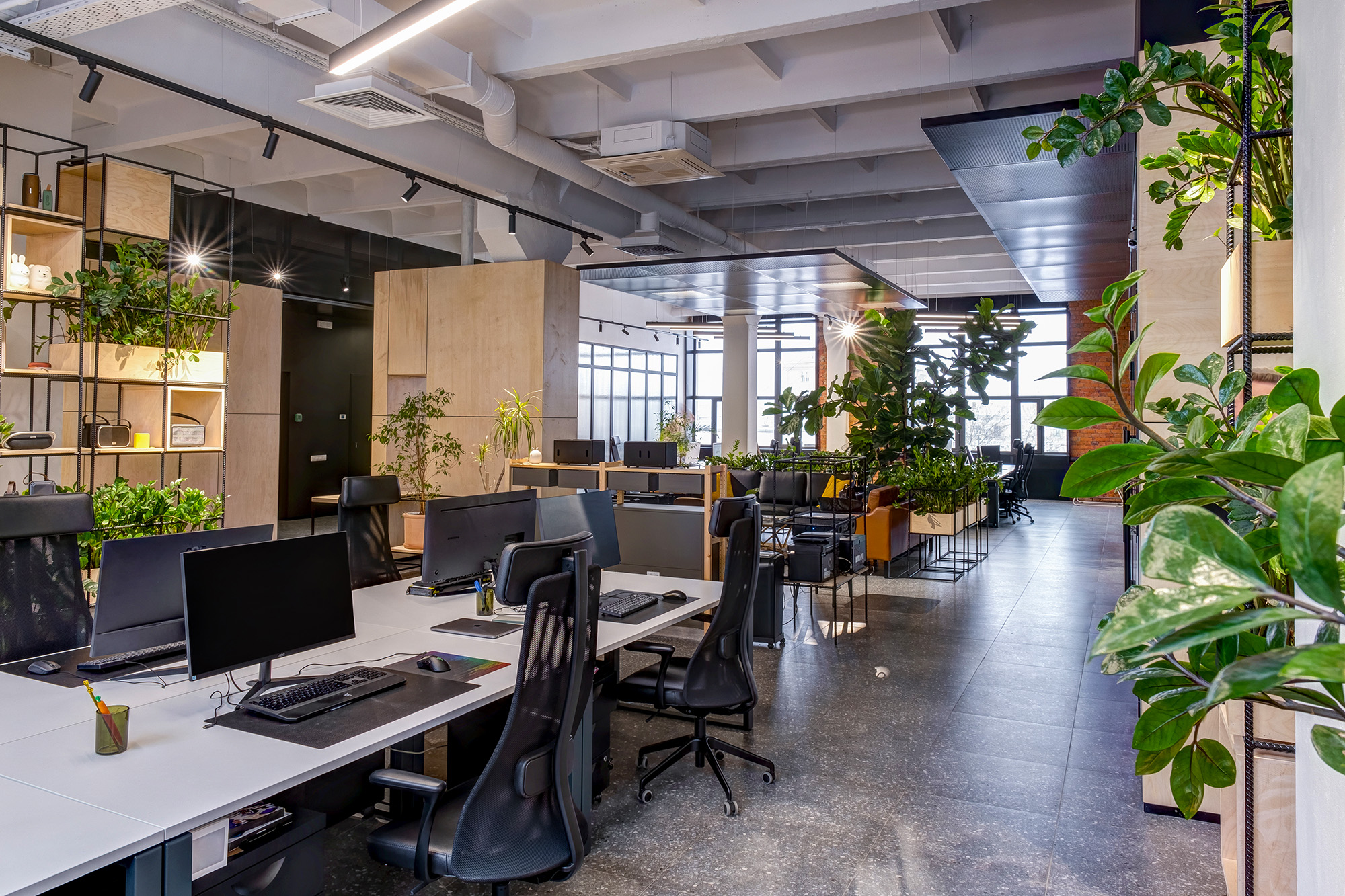 modern loft office interior with furniture