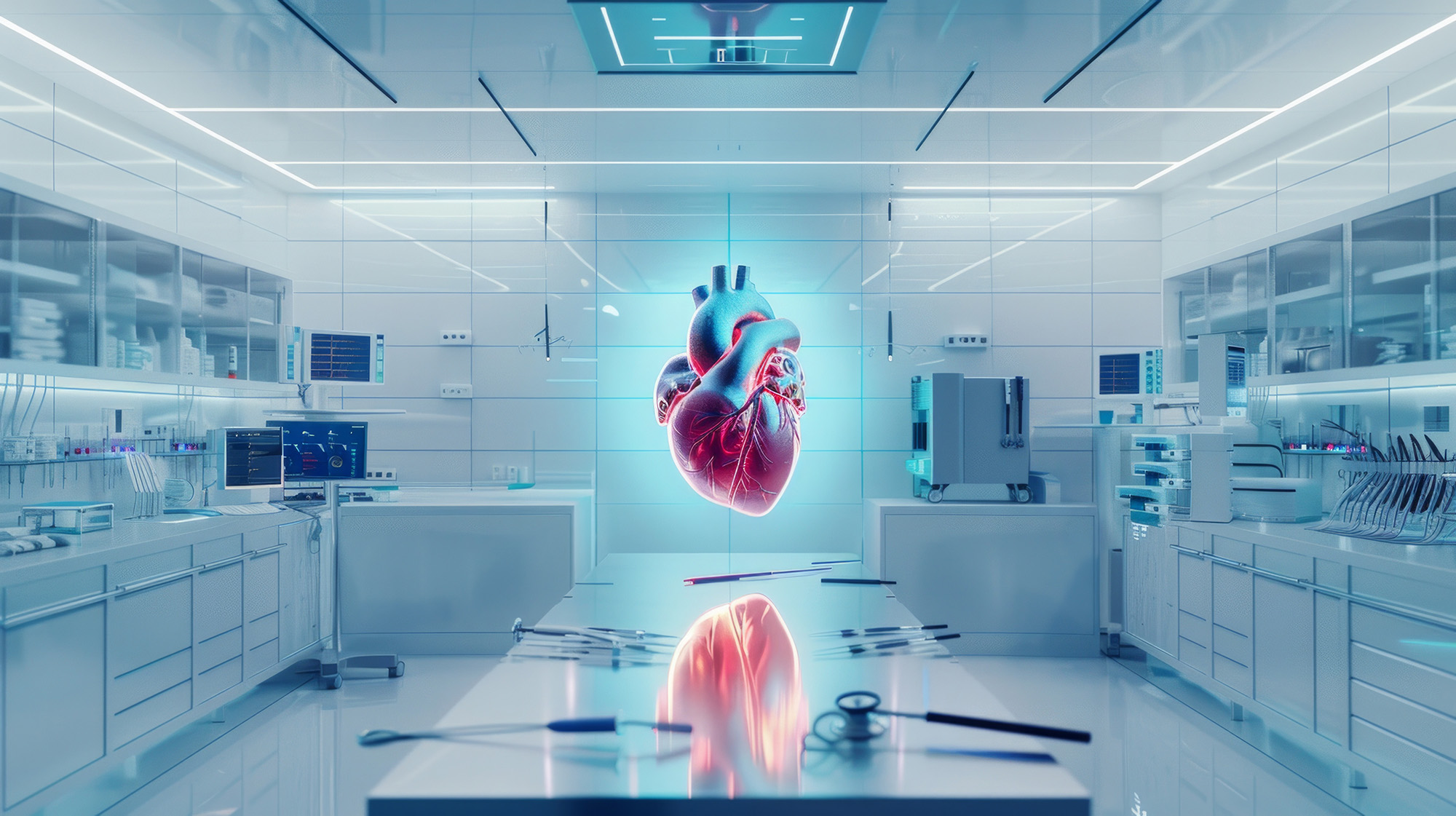 Medical healthcare digital hologram anatomy of human heart and organs concept, with graphical icon display ai holographic display assistant technology. 3d modeling with lab banner background