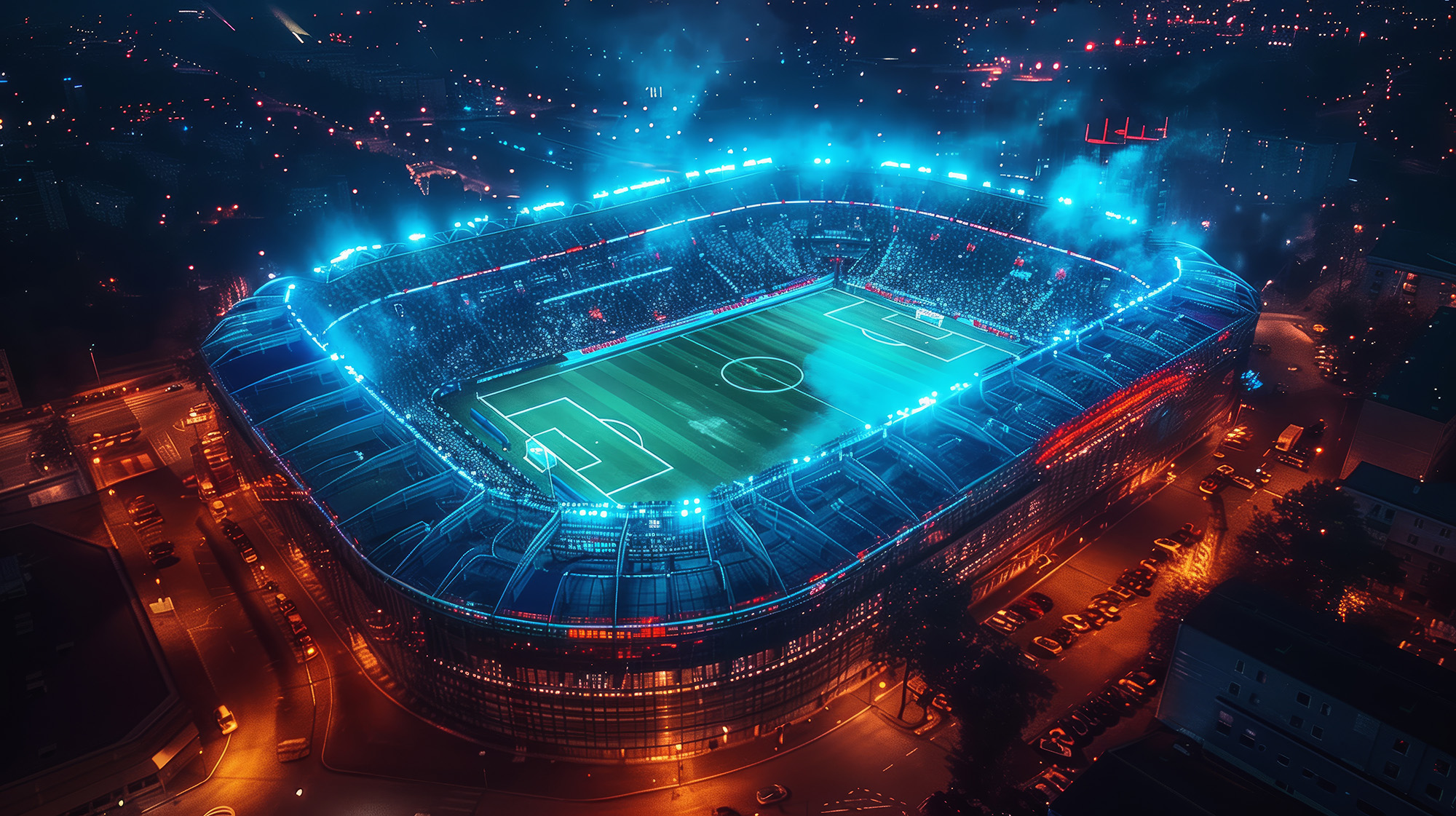 An aerial view of a smart sports stadium at night, lit up with bright lights