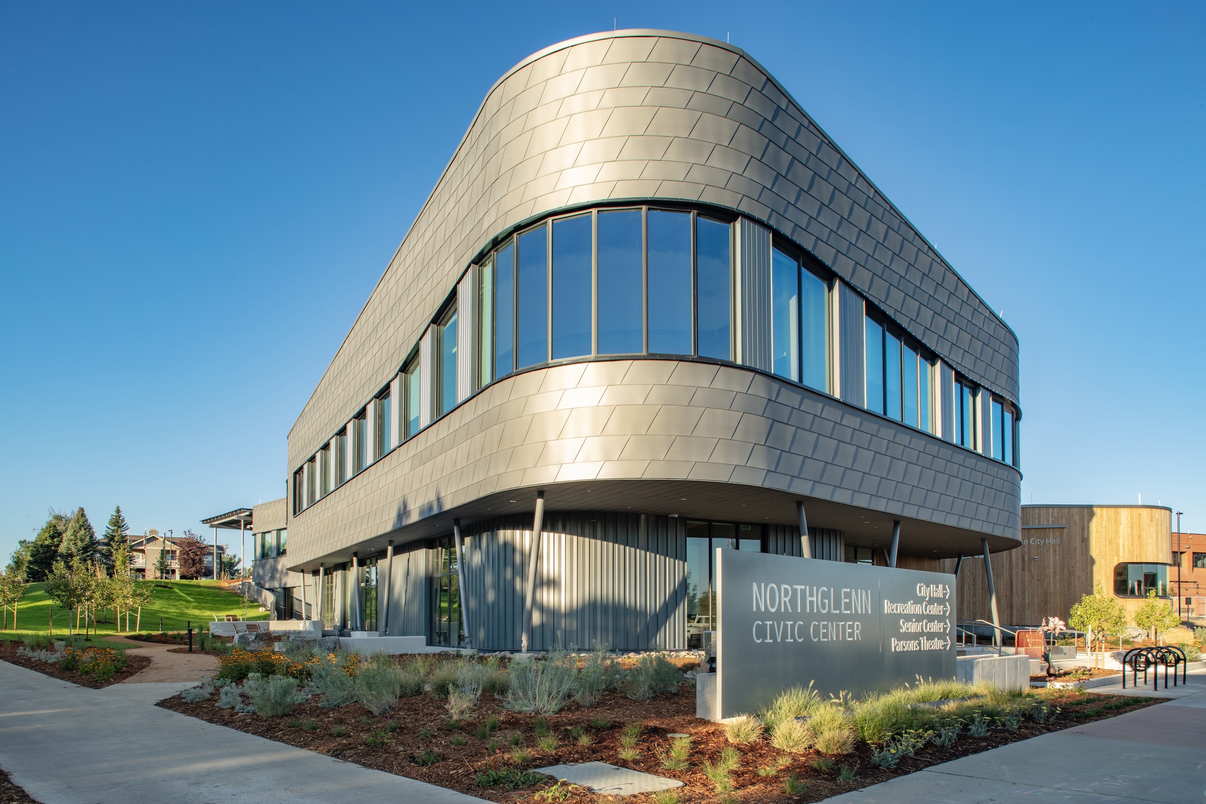 Northglenn, a Denver suburb, opens a net zero, all-electric city hall with a mass timber structure. Photo courtesy City of Northglenn