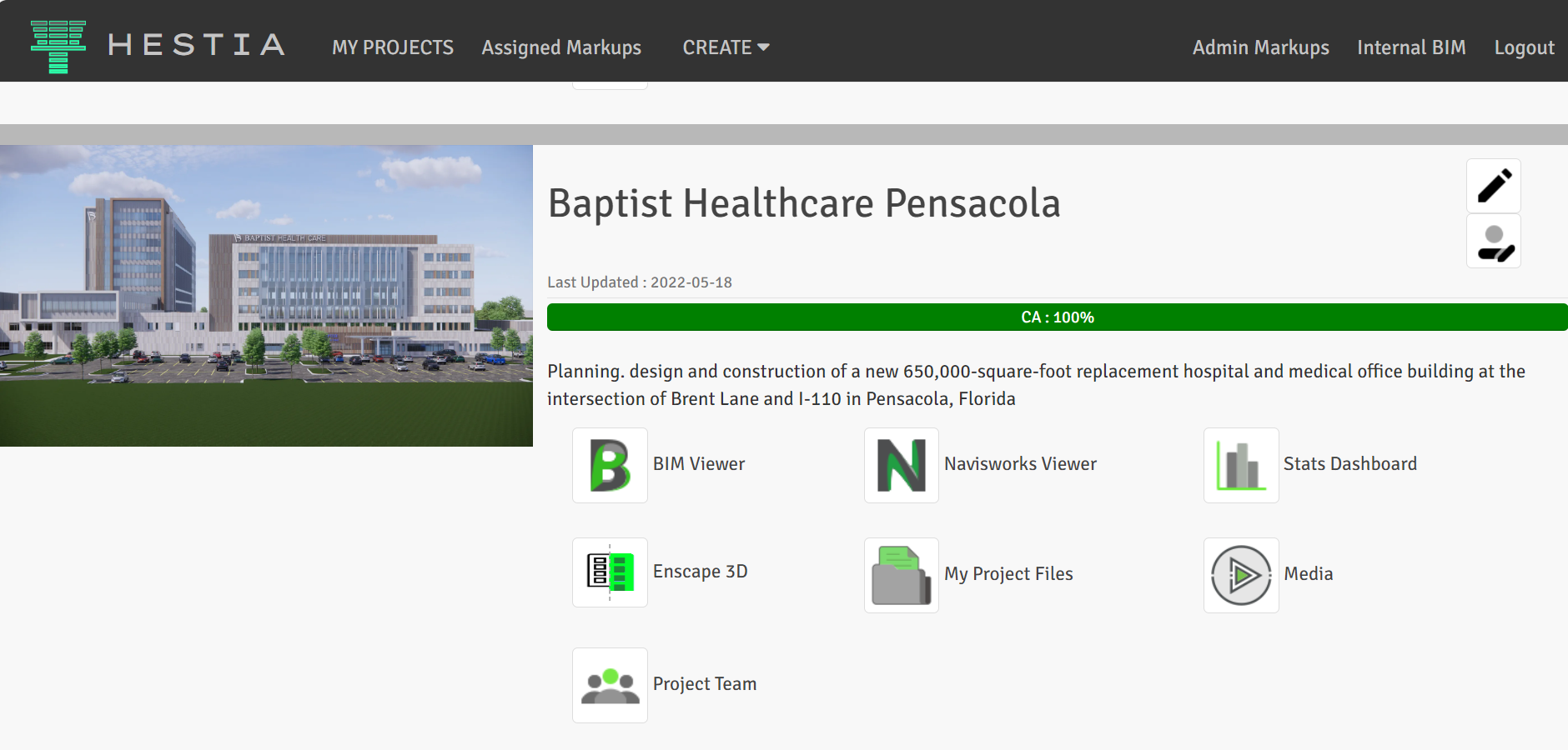 Pictured: Hestia dashboard for a hospital project in Pensacola, Fla., showing all design documents. Screenshot courtesy Gresham Smith