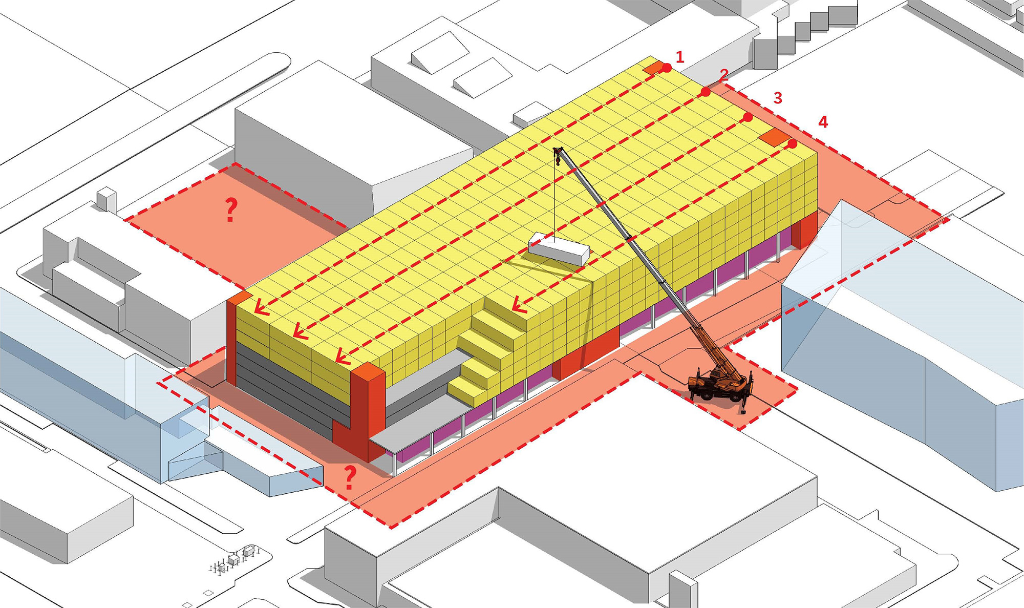 Modular construction complex being put together by crane