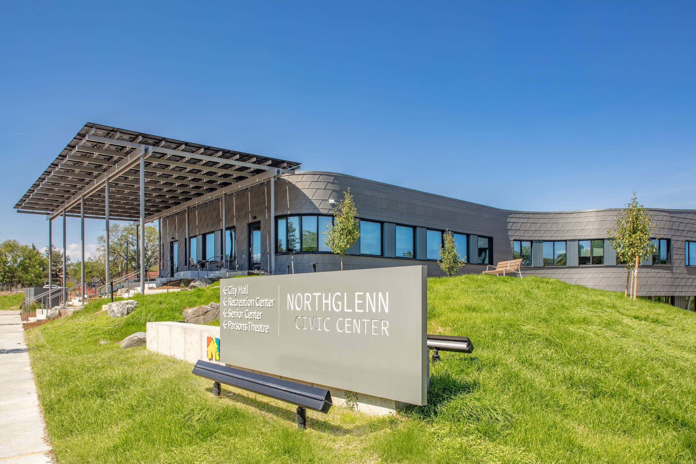 Northglenn, a Denver suburb, opens a net zero, all-electric city hall with a mass timber structure. Photo courtesy City of Northglenn