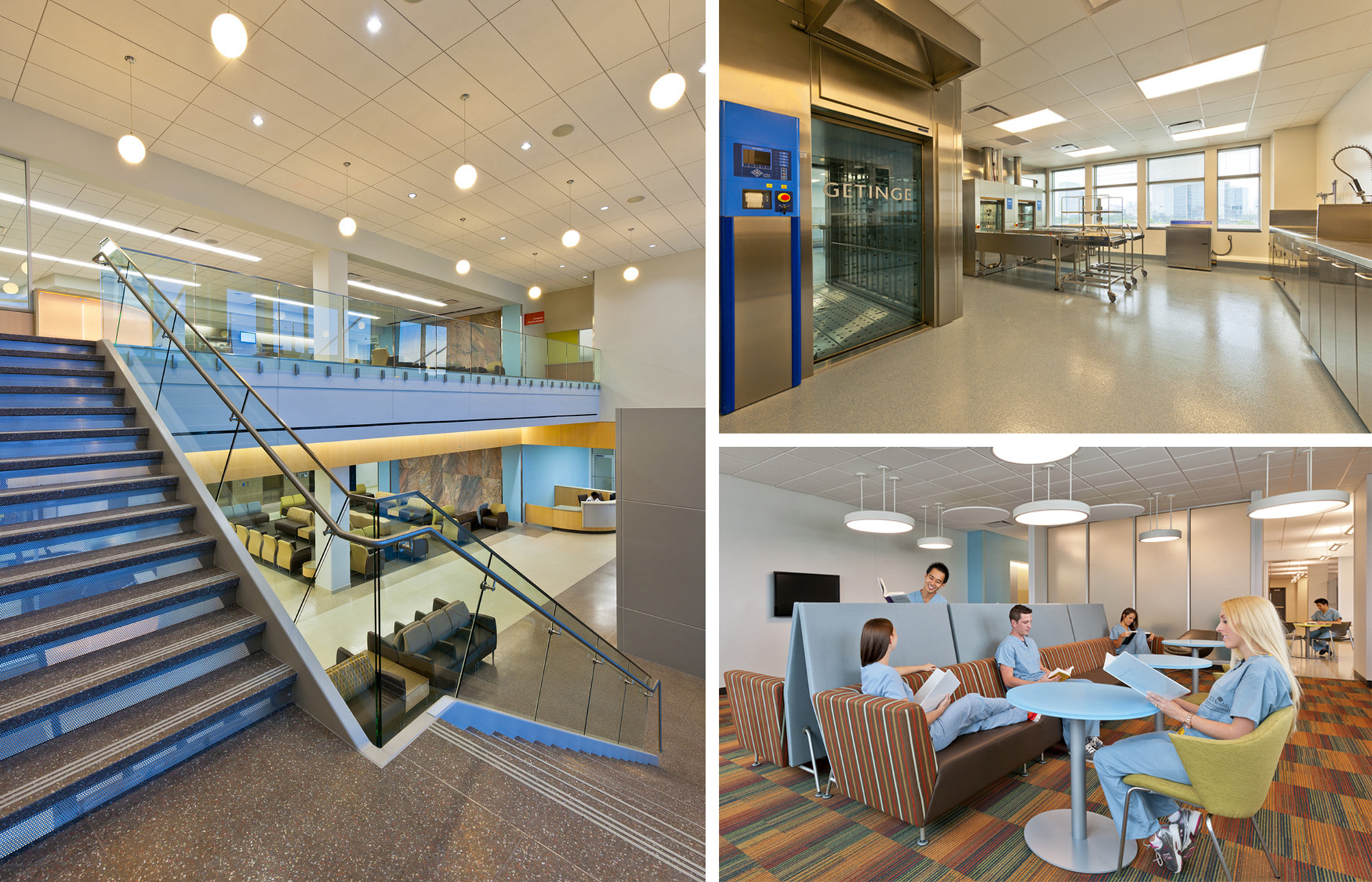 UT Health’s building zones separate welcoming patient care areas and centralized clinical support facilities with natural light access.