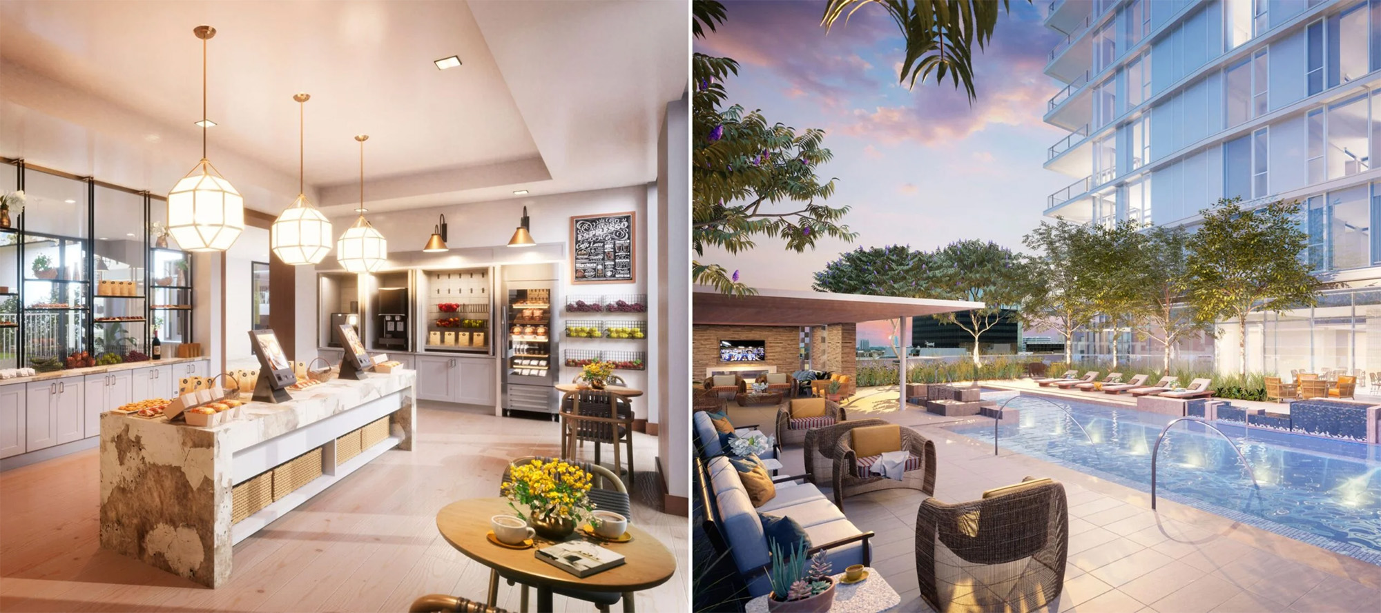 Two side by side images illustrate renderings for a new healthy grab and go bistro and expansive pool deck and lounge at Uptown Oaks at the Hallmark, a senior living community in Houston, TX. 