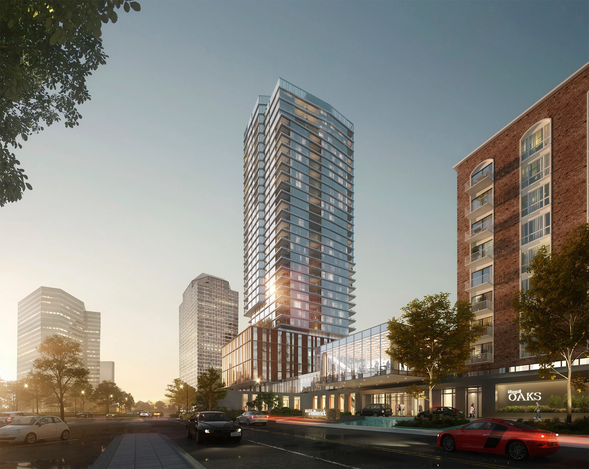 A new connector between Uptown Oaks’ existing building, right, and the new independent-living tower will provide a grand new “front door” to the entire community in downtown Houston, TX. 