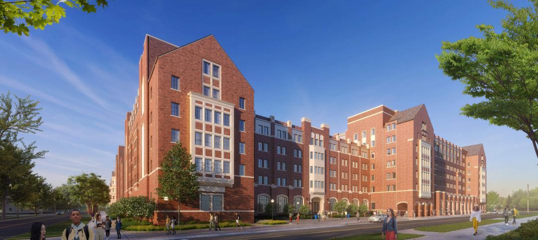 University of Michigan’s Central Campus residence hall, as seen looking west from Hill Street. Rendering © RAMSA 