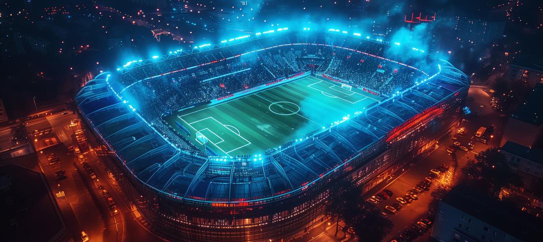 An aerial view of a smart sports stadium at night, lit up with bright lights